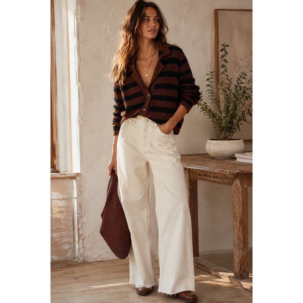 Maeve Anthropologie Brown Black Striped Collared Cardigan Sweater Gold Buttons L